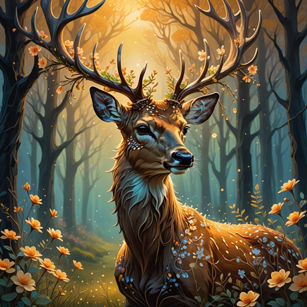 Deer with Glowing Flowers in Enchanted Forest