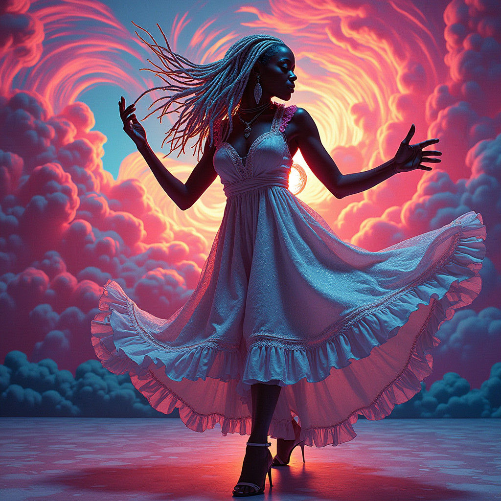 Elegant Woman Spins Poi in Neon Nightclub