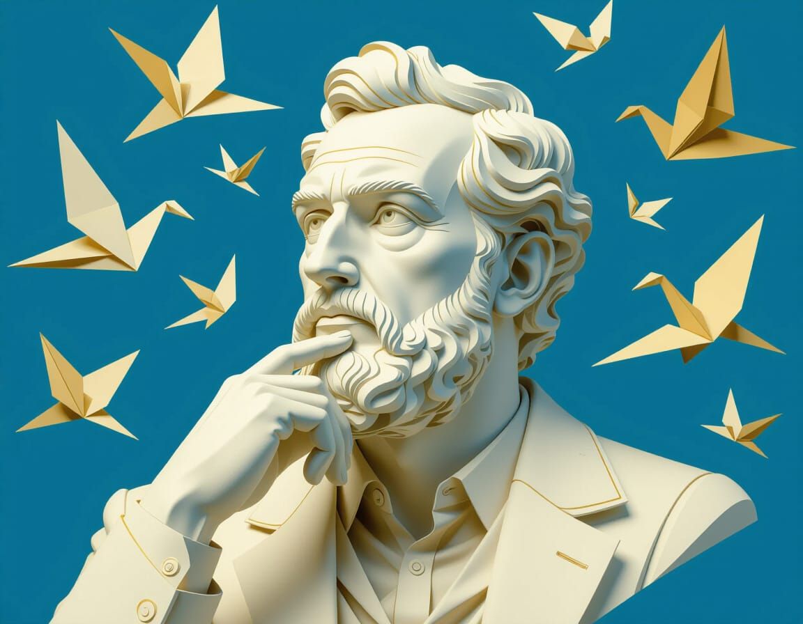 Bust Merging Topographic Map With Origami Birds