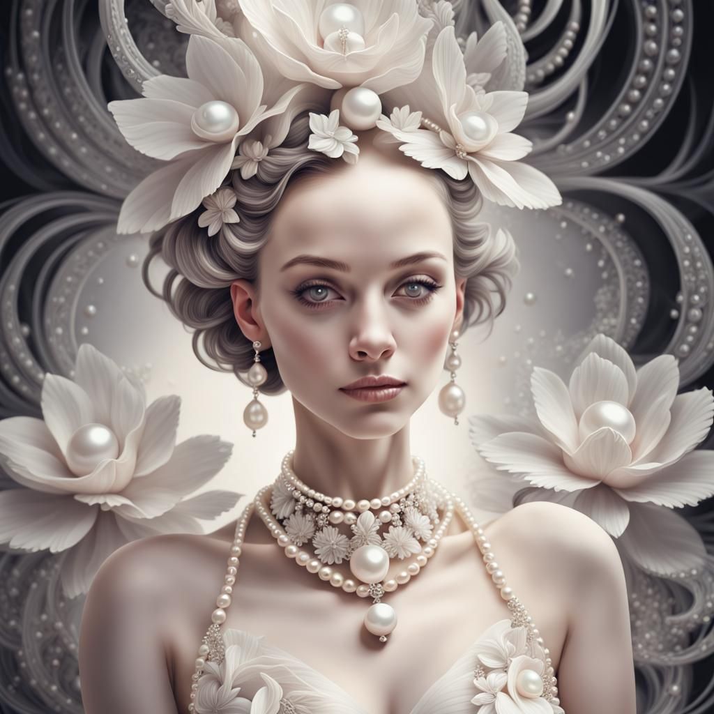 Monochrome Portrait of Woman with Pearl Adornments