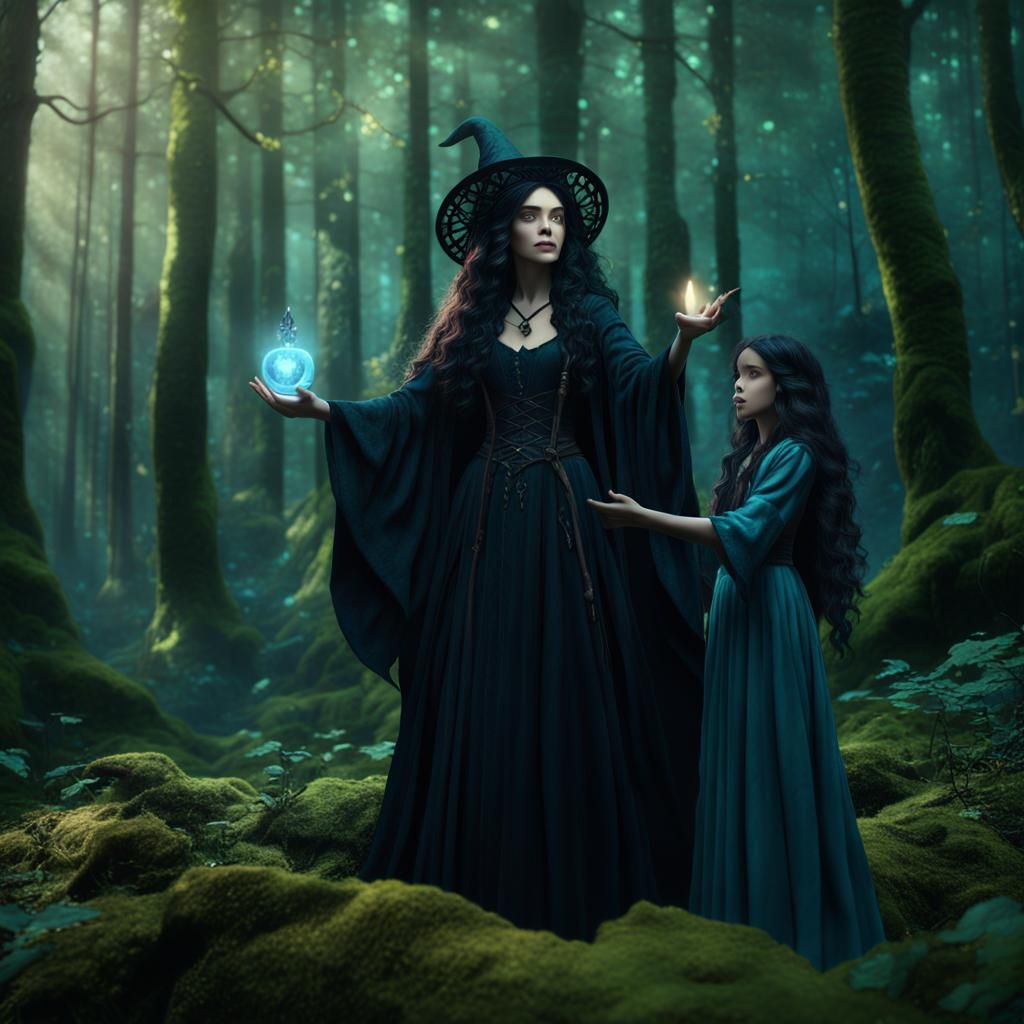 Sorceress Teaching Magic in Enchanted Forest