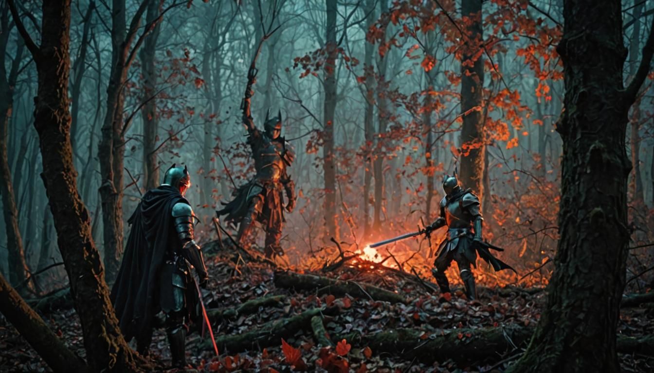 Dark Fantasy Knight Stands Victorious in Haunted Forest
