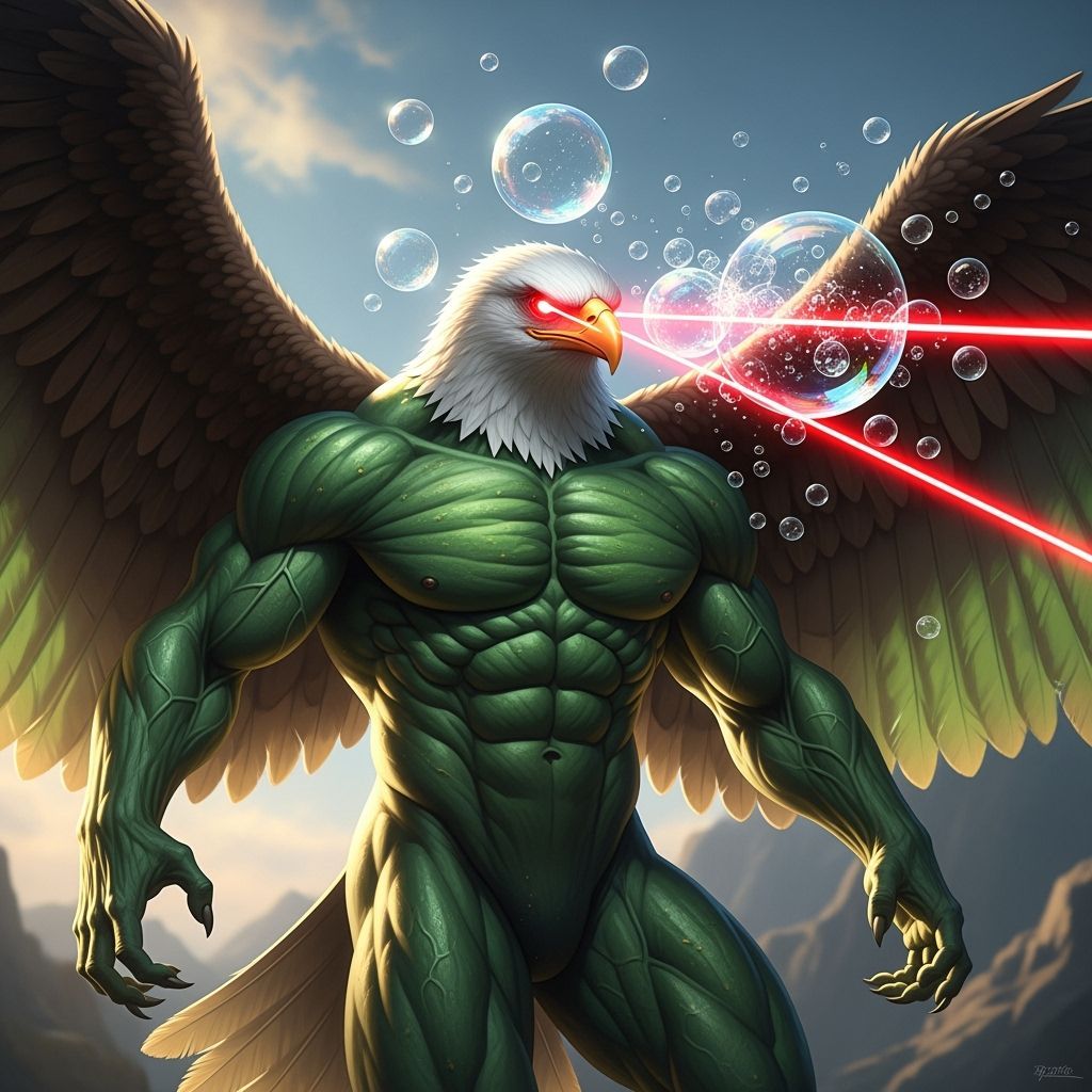 Create a super muscular green anthropomorphic cucumber-eagle hybrid shooting Laserbeams from his eyes at iridescent bubb...