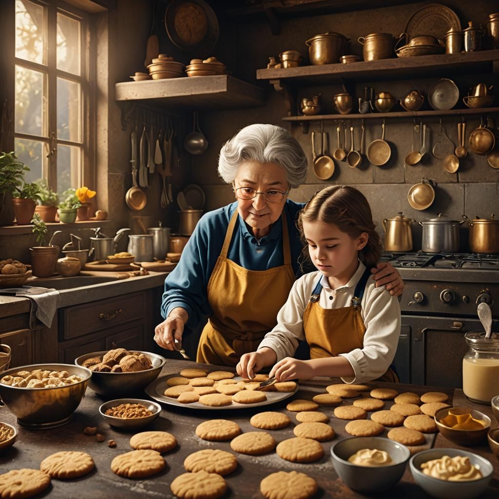 Grandmother and Granddaughter Baking: Matte Painting