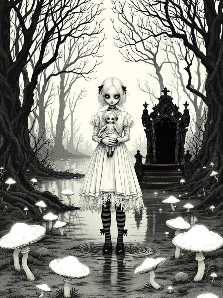 Gothic Surrealism: Pale Woman and Glowing Mushrooms