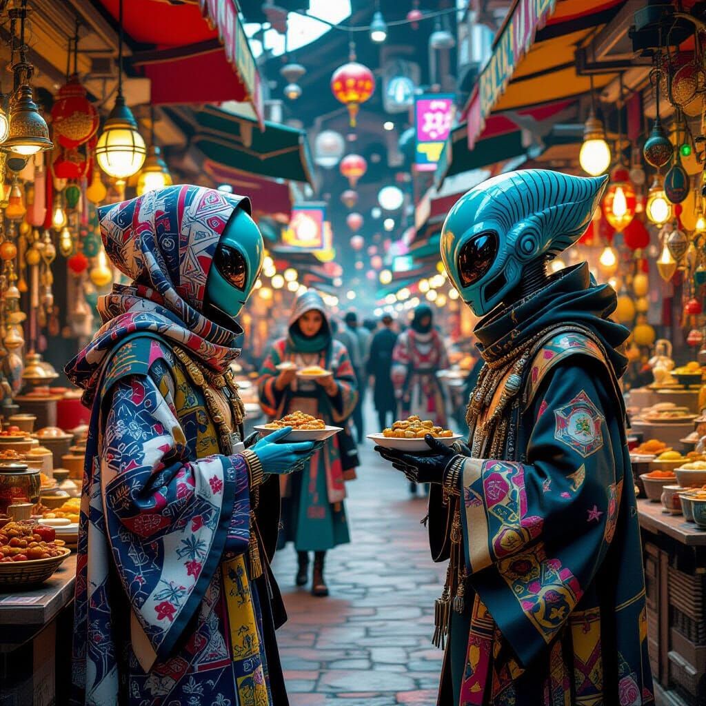 Intergalactic Bazaar with Alien Food and Shoppers