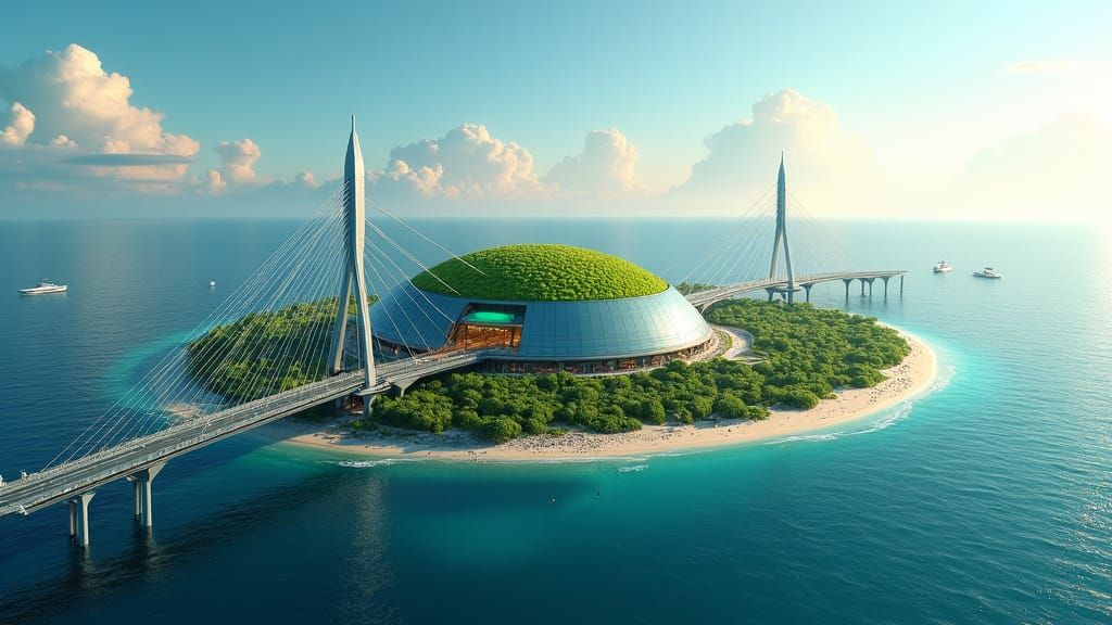 Futuristic Eco-City on Island in Ocean