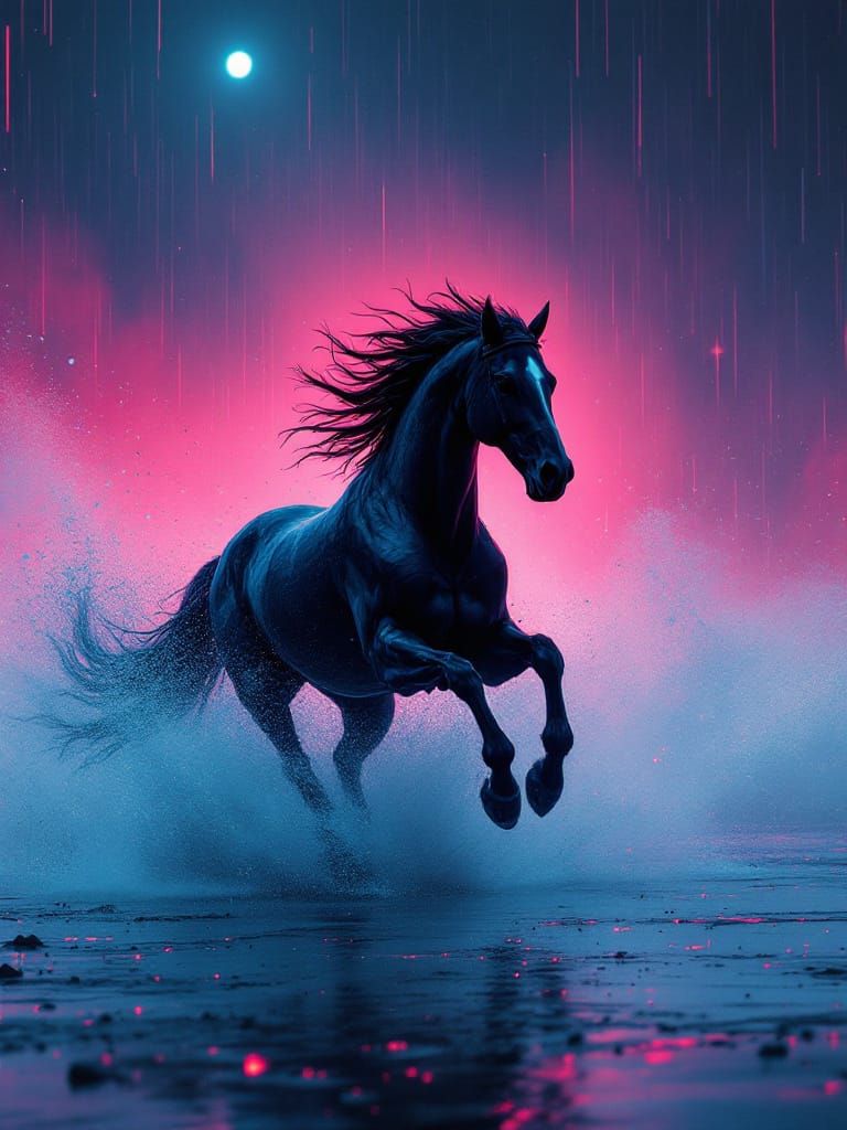 Cyberpunk Horse in Neon Rain