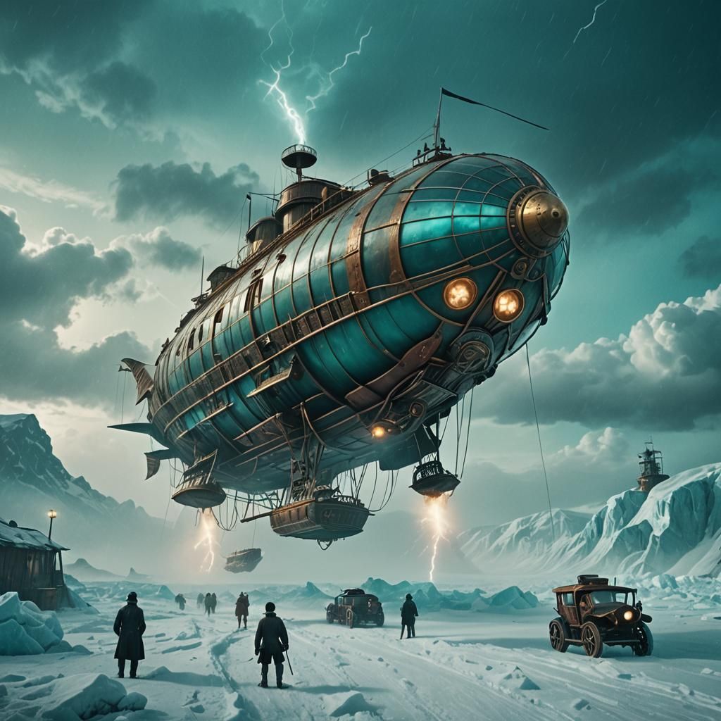 Steampunk Airship on Arctic Ice Planet