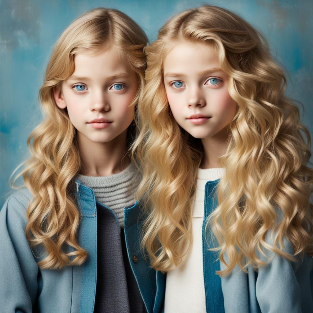 Blonde Twin Girls with Wavy Hair and Blue Eyes