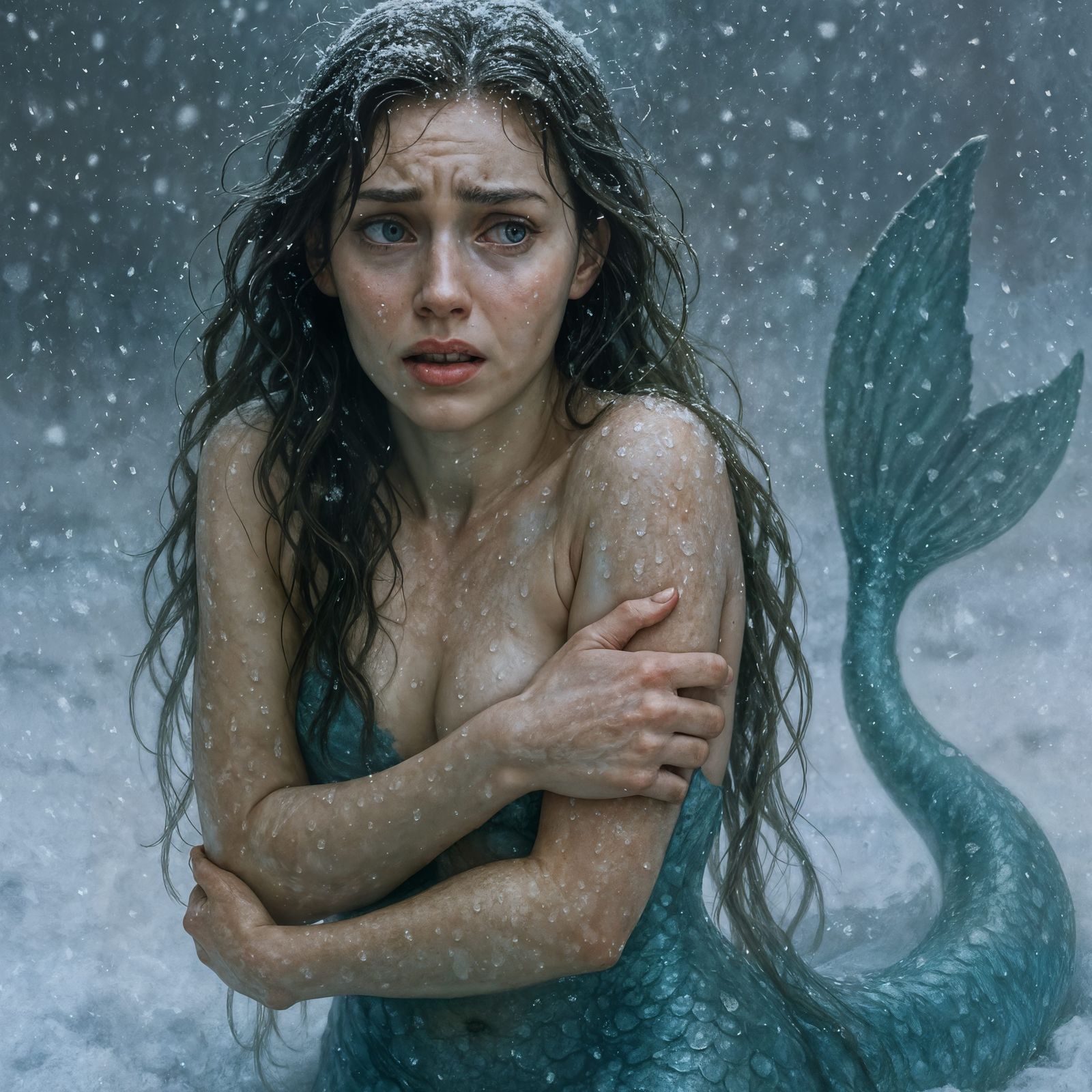 CGI Mermaid Shivering in Snowy Landscape