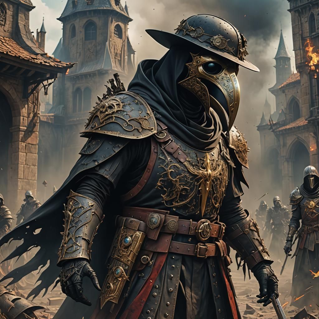 Plague Doctor in Battle Armor: Detailed Matte Painting