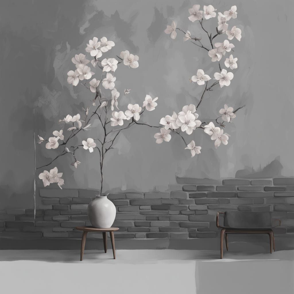 Ink Wash Painting of Flowers on Brick Wall