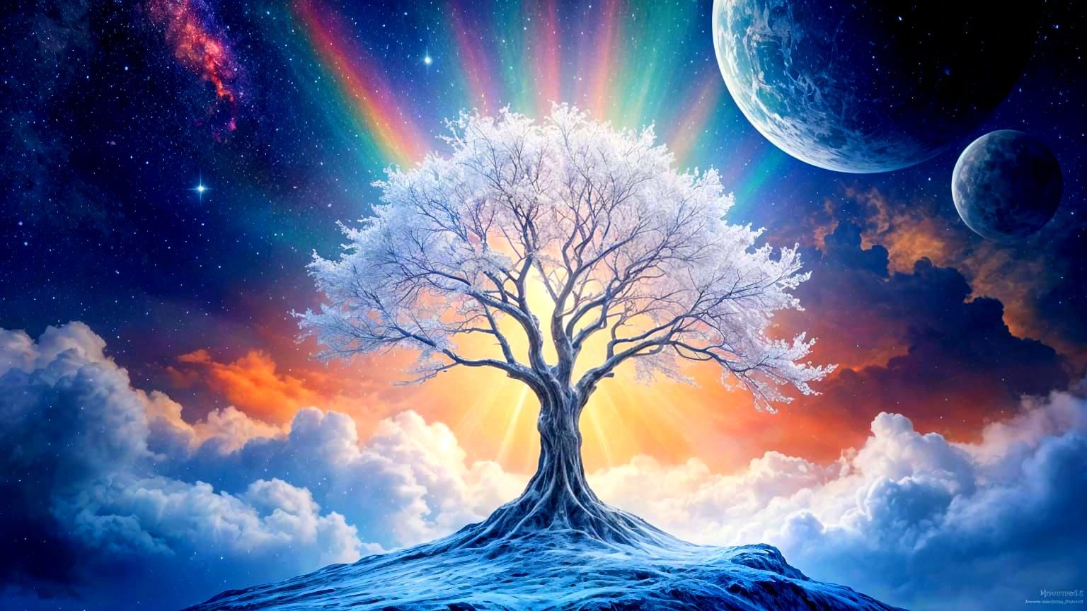 Ethereal Tree Radiates Stardust in Fantasy Landscape