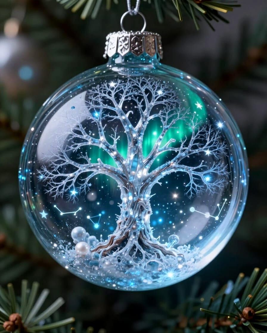 Mythic World Tree Seed Ornament in Glacial Light