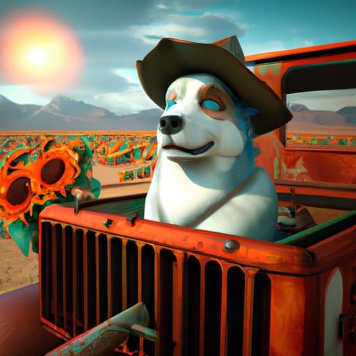 Dog in '57 Chevy in Mojave Desert Art