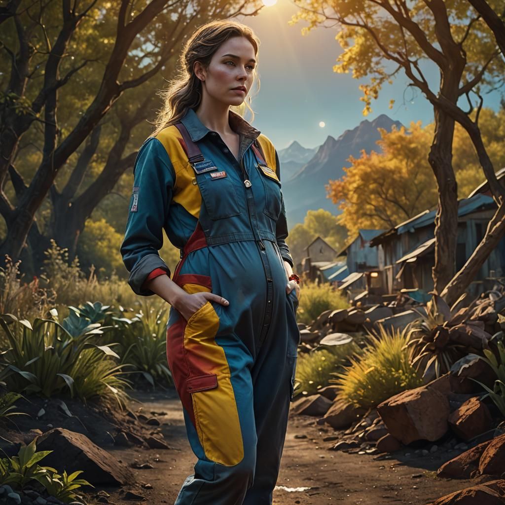 Proud Pregnant Woman in Vibrant Fantasy Landscape