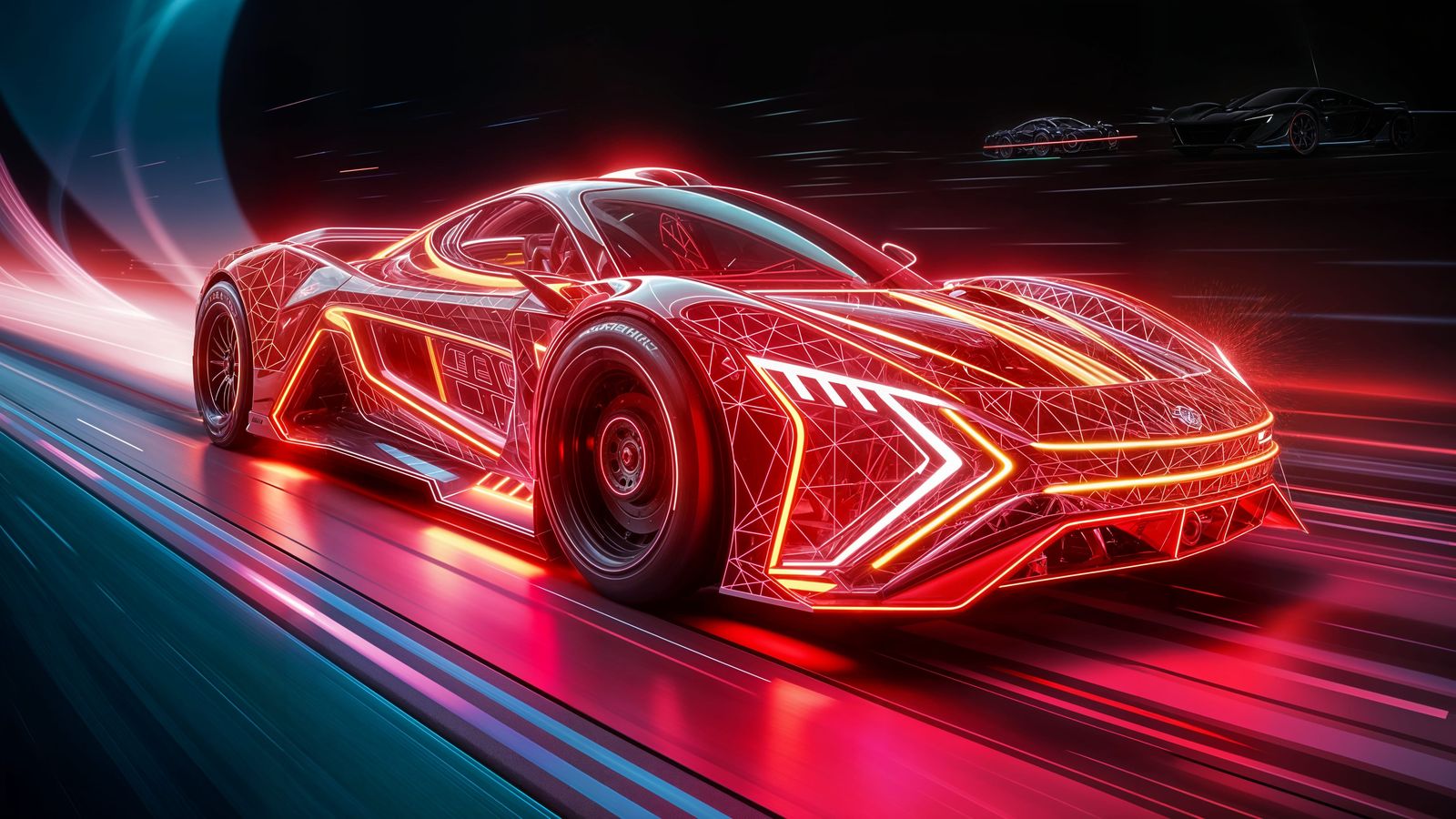 Glowing Grid Supercar Speeding with Light Trails