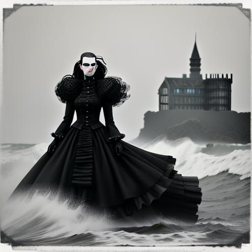 Gothic Model in Tintype Photograph with Giant Waves