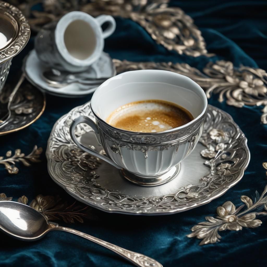 Art Nouveau Porcelain Coffee Cup with Silver Floral Detail