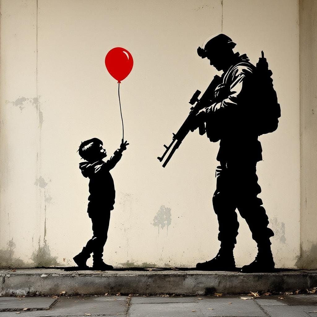 Banksy Style Mural: Child Offers Peace to Soldier