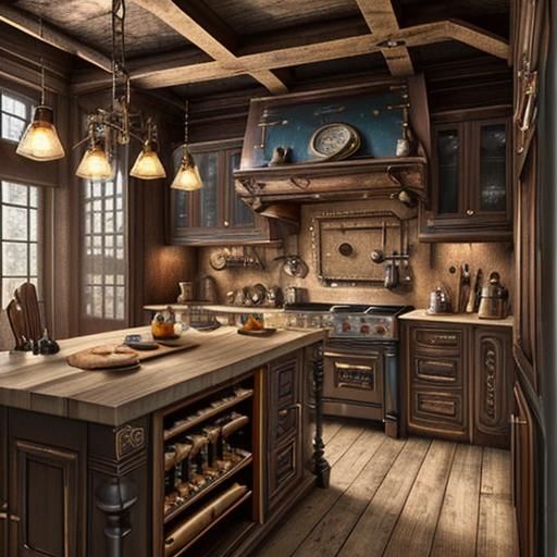 Detailed Hyper-Realistic Steampunk Kitchen Design