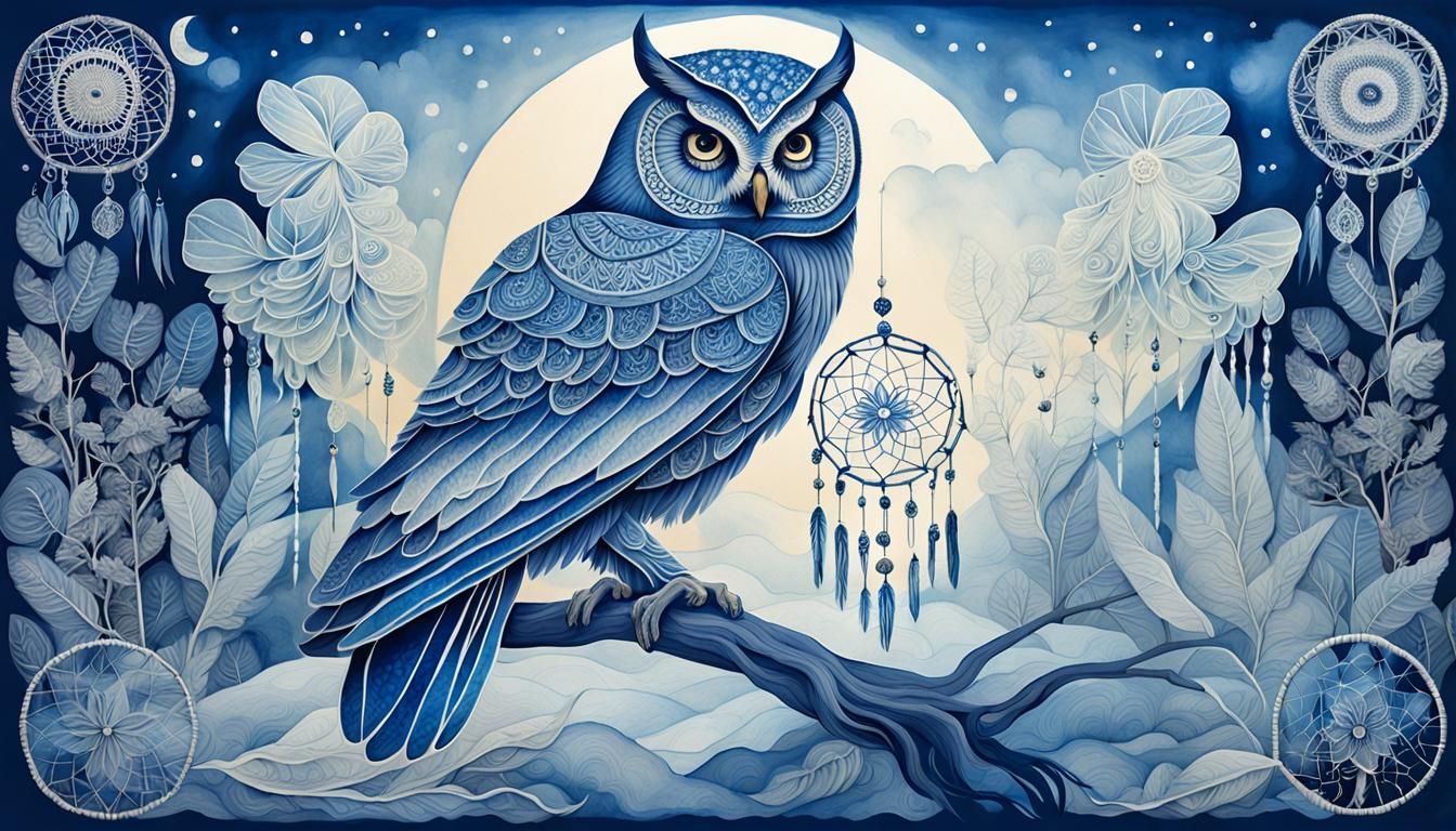 Blue Owl on Crystal in Ethereal Cyanotype Style
