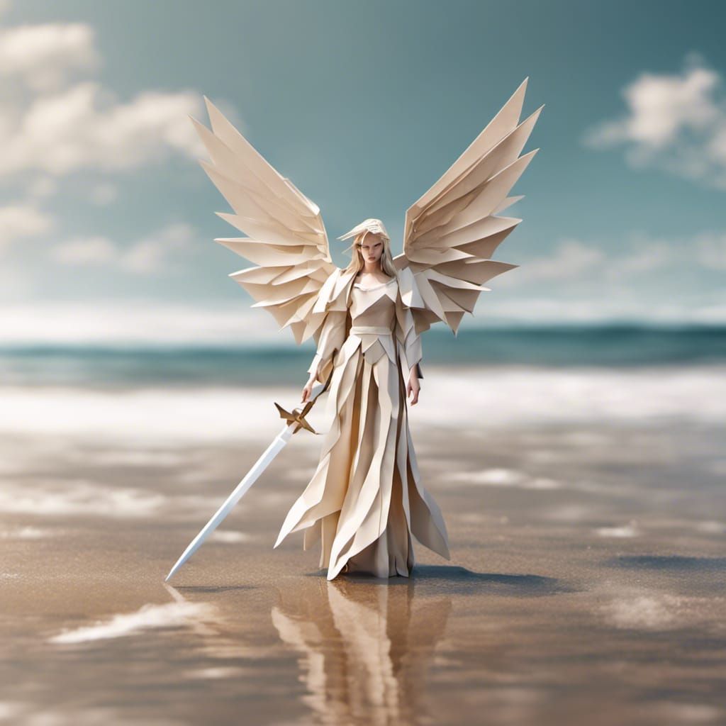 Origami Angel with Sword on Beach