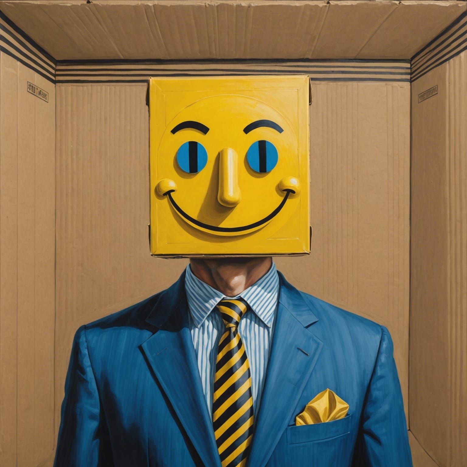 Surreal Man with Smiley Face Box Head: Dark Fantasy Painting