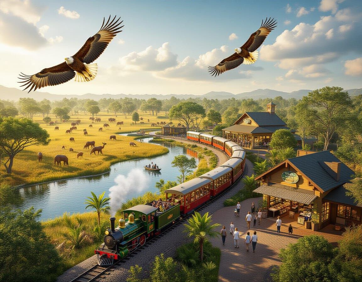 Fantasy Zoo from Above: Zones, Eagles, and Safari Train