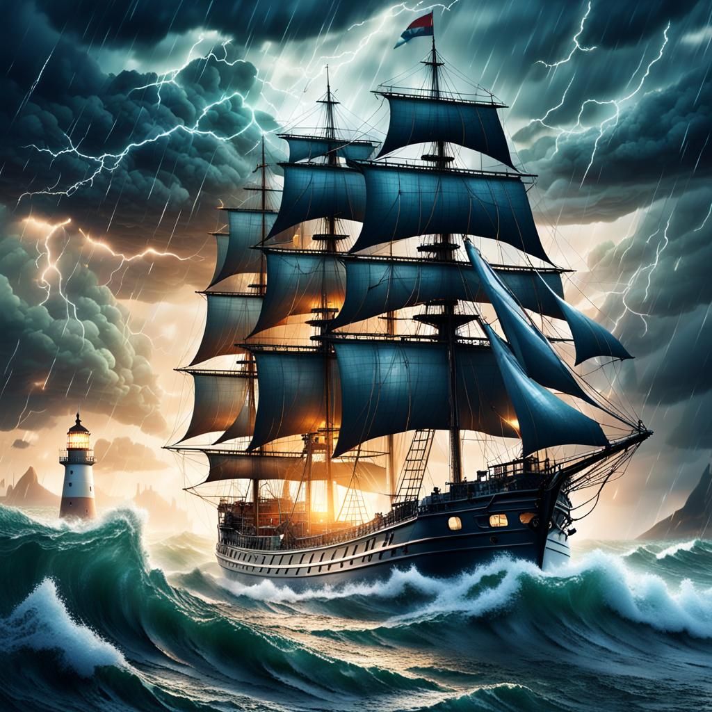 Ship Sailing Stormy Sea with Lightning, Digital Matte Painti...