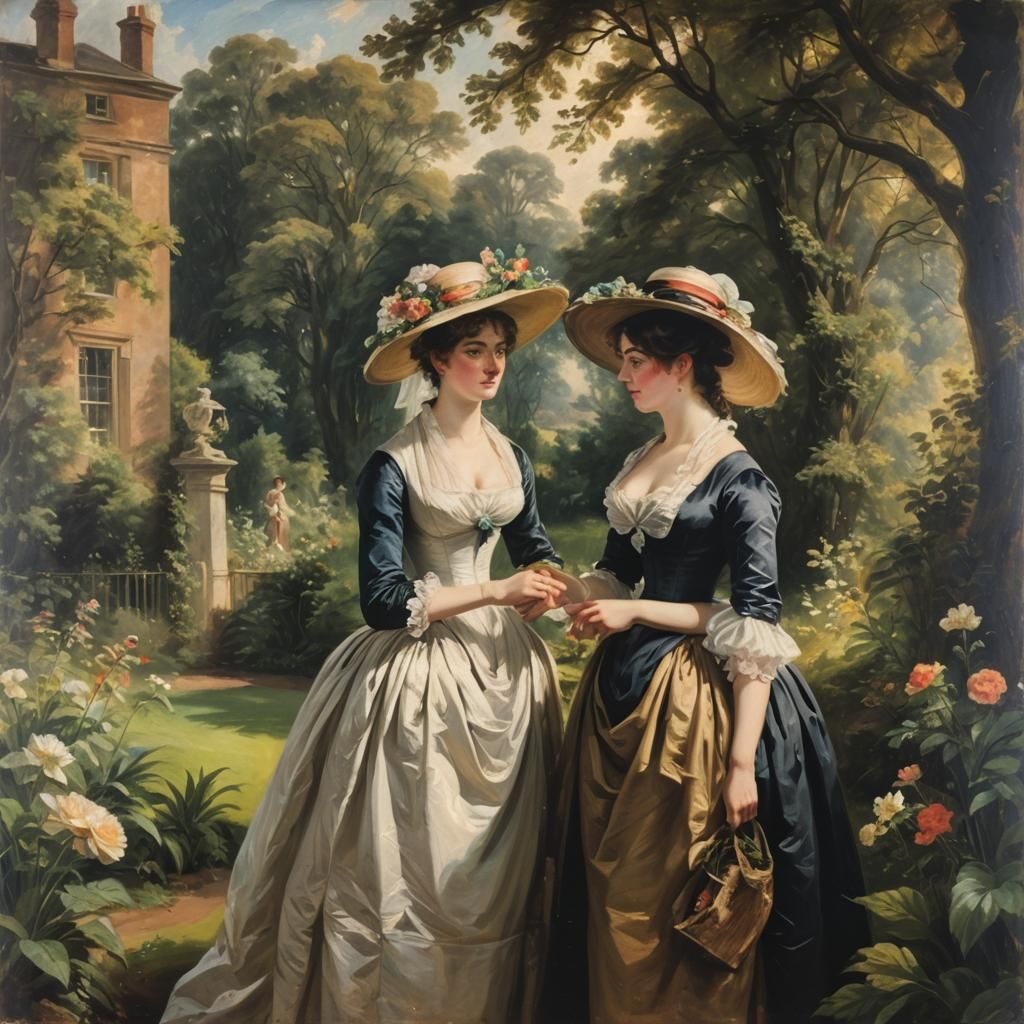 Regency Ladies in Garden: Chiaroscuro Oil Painting