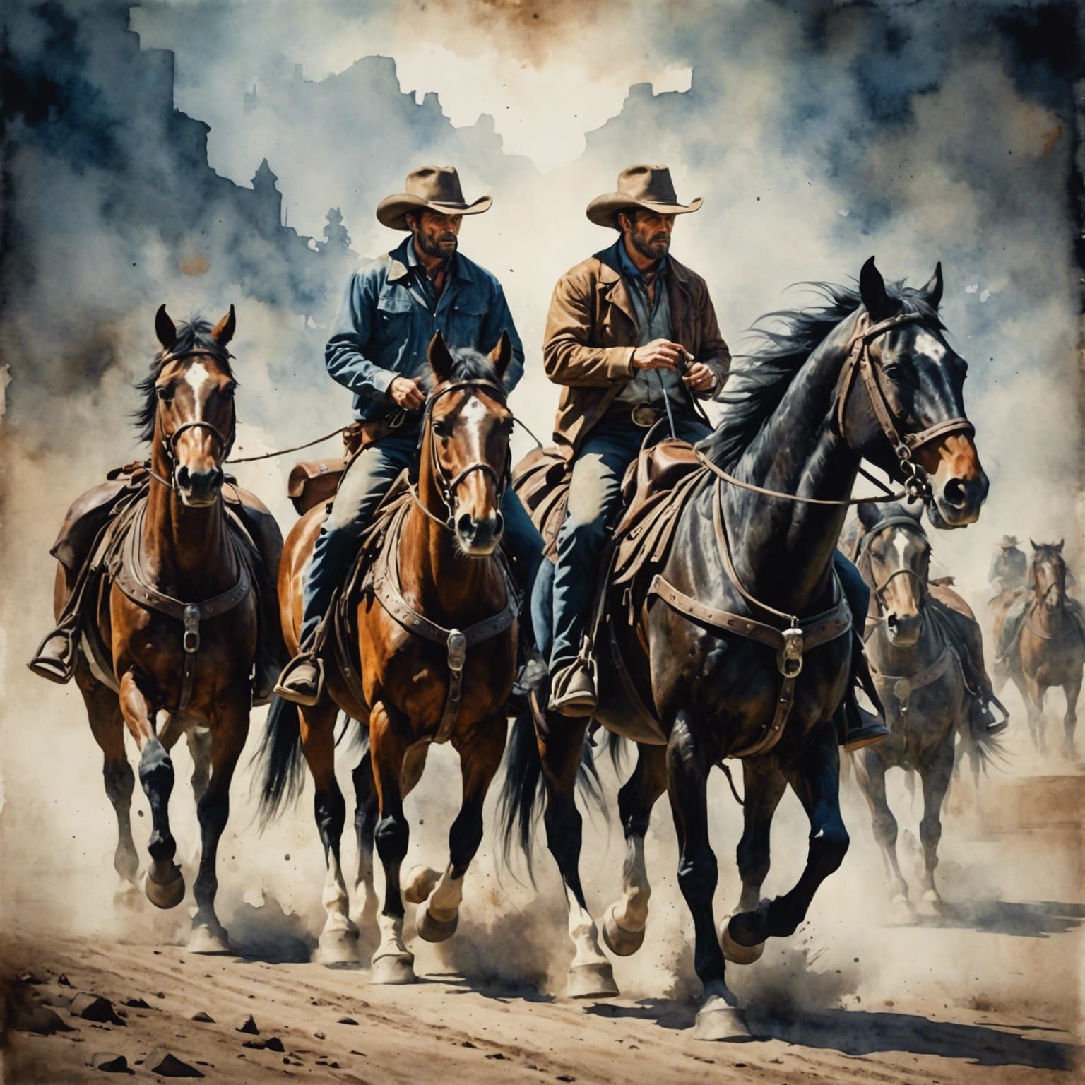 Wild West Stagecoach Scene in Watercolor Style