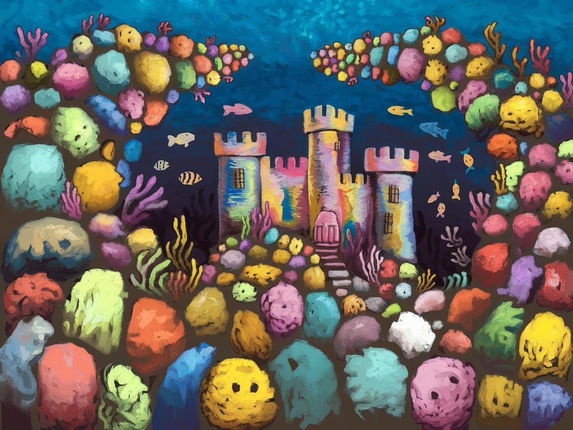 Underwater Castle and Coral Reef in Childlike Style