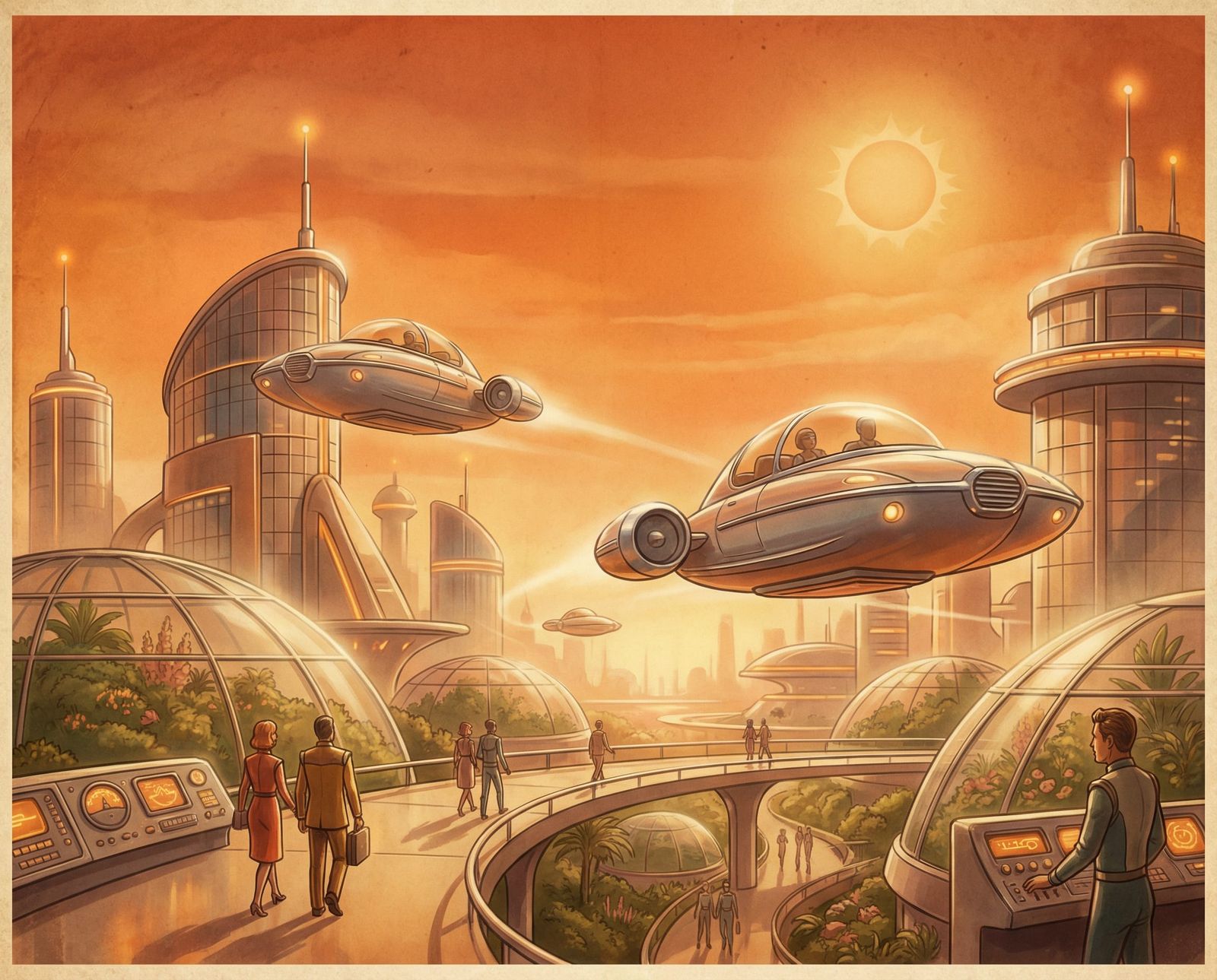 Retro Sci-Fi Vehicles in Orange Utopian Cityscape