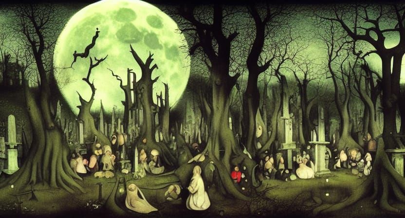 Brides of Frankenstein in Cemetery, Fantasy Art