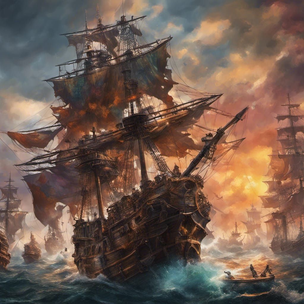 Dramatic Pirate Ships in Hyperrealistic Style