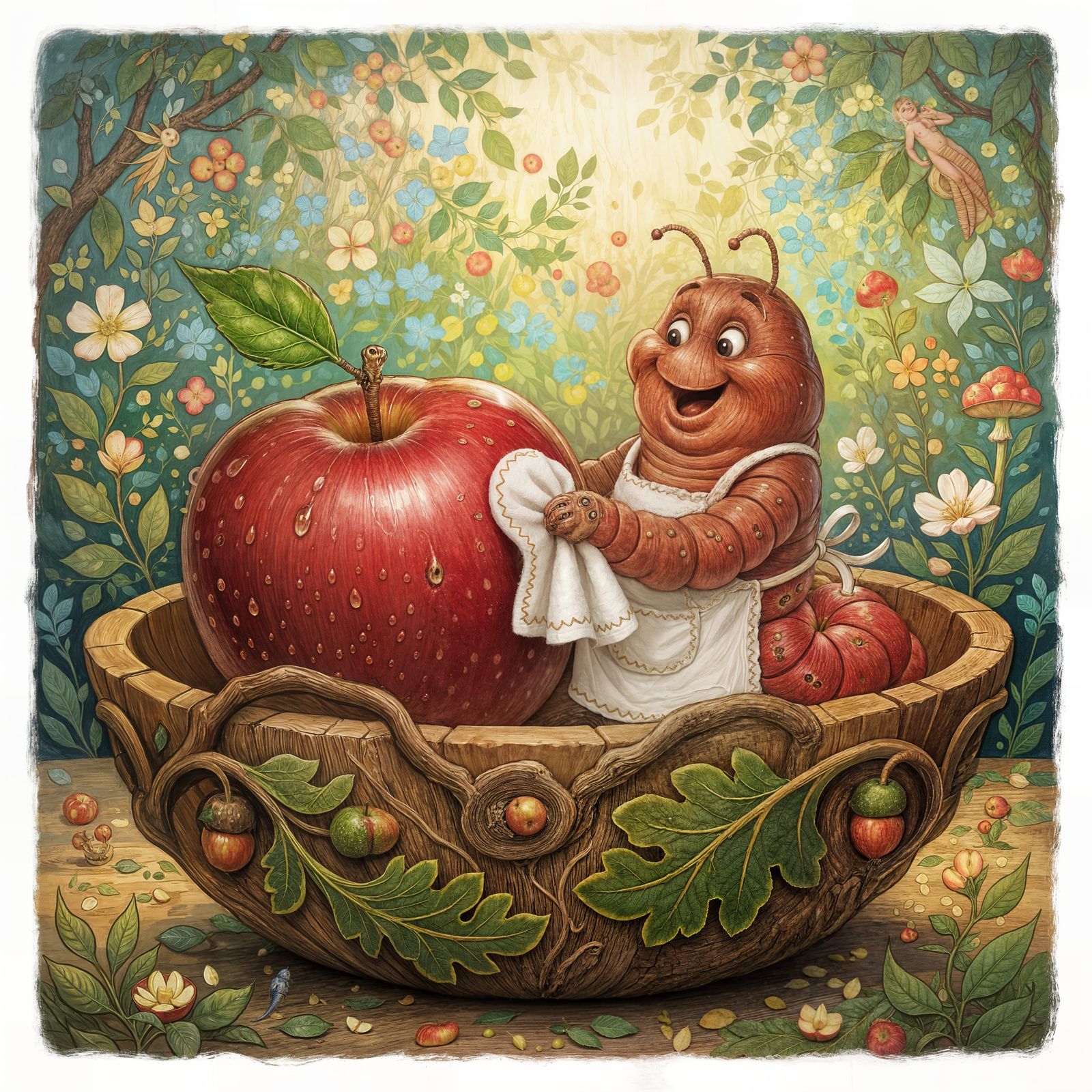 Friendly Worm Polishes Apple in Wooden Bowl