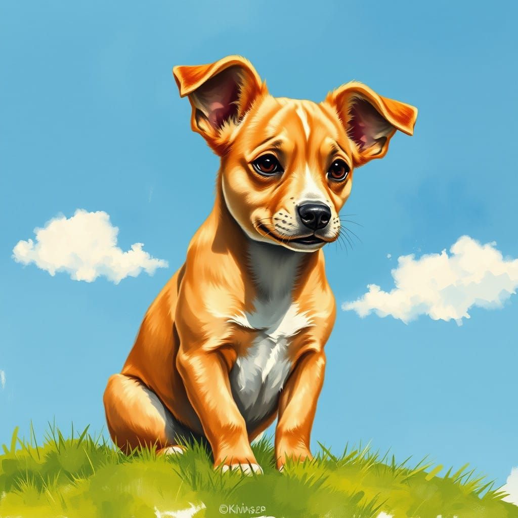 Warm Sandy Brown Dog Leans in on Green Grassy Hill