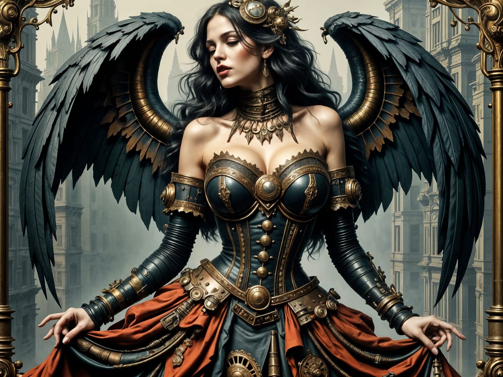 Steampunk Fallen Angel in Cyberpunk Aesthetic