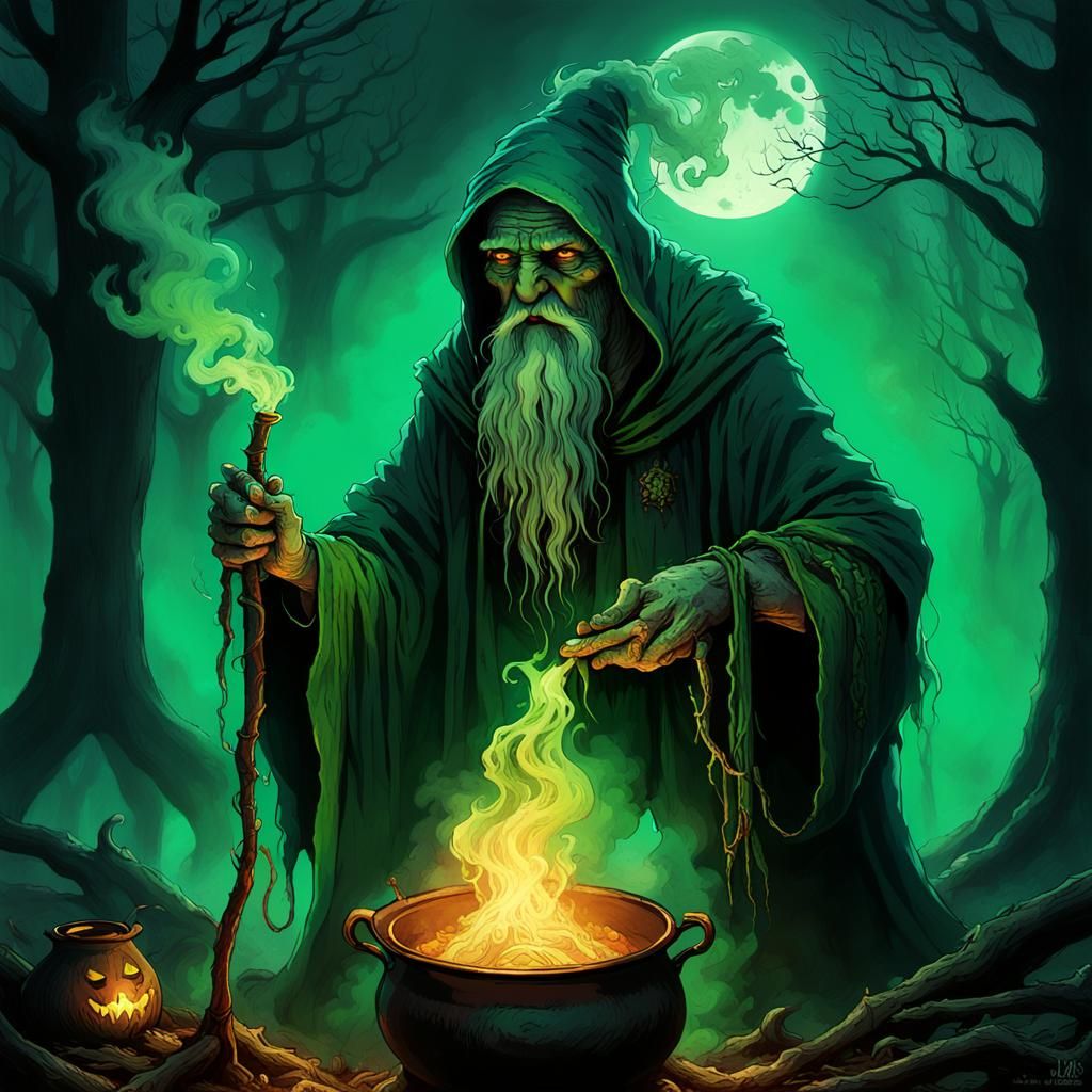 Crone Stirring Cauldron Under Moonlight, in Art Nouveau Styl...