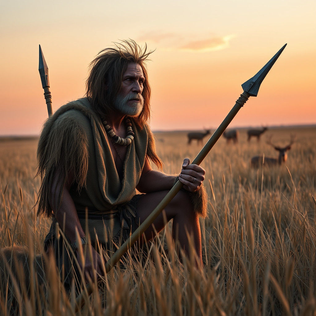 Prehistoric Hunter Silhouetted at Sunrise: Matte Painting