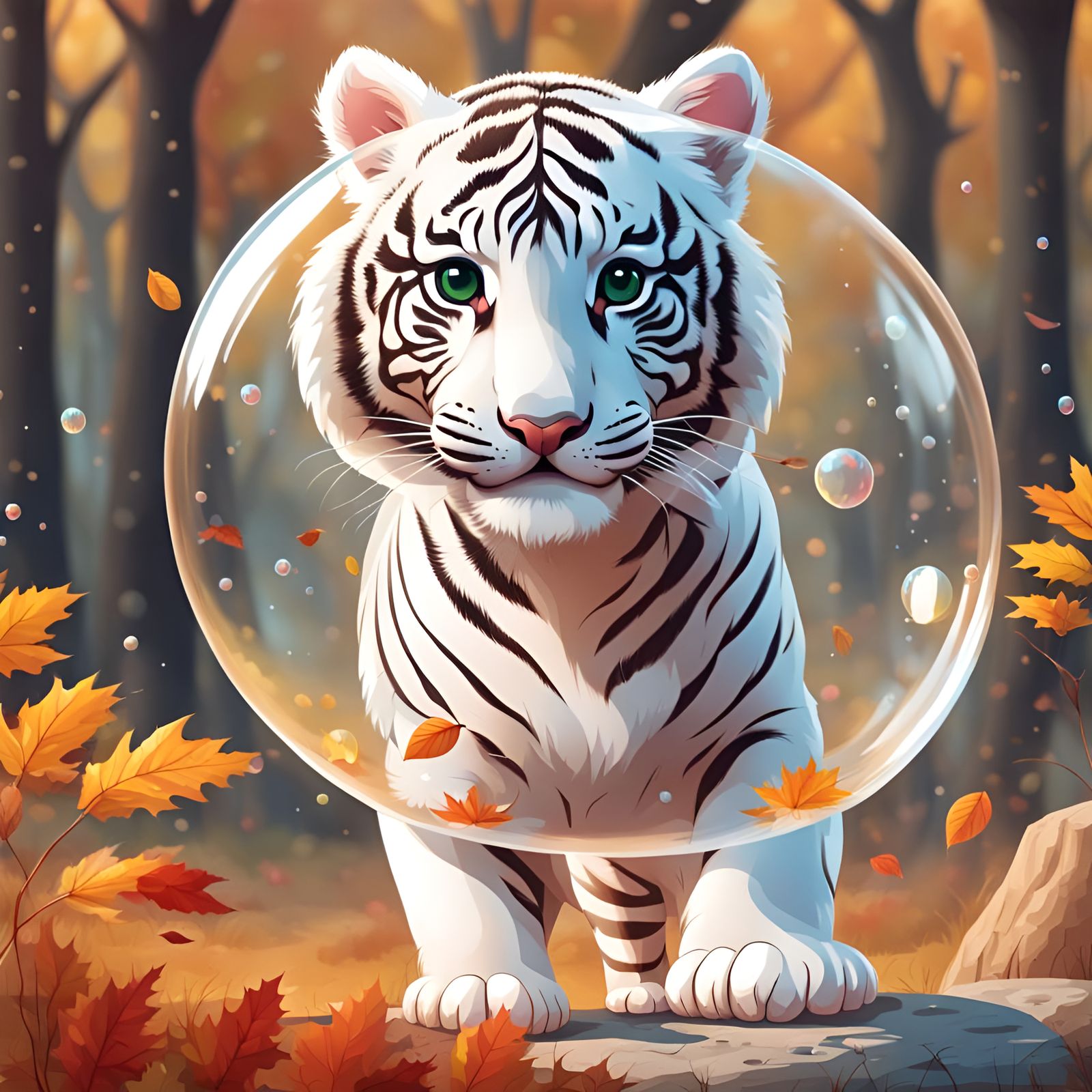 White Tiger in Bubble, Autumn Landscape
