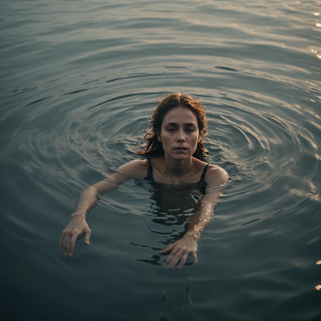 Woman Floating in Sea with Golden Cinematic Lighting