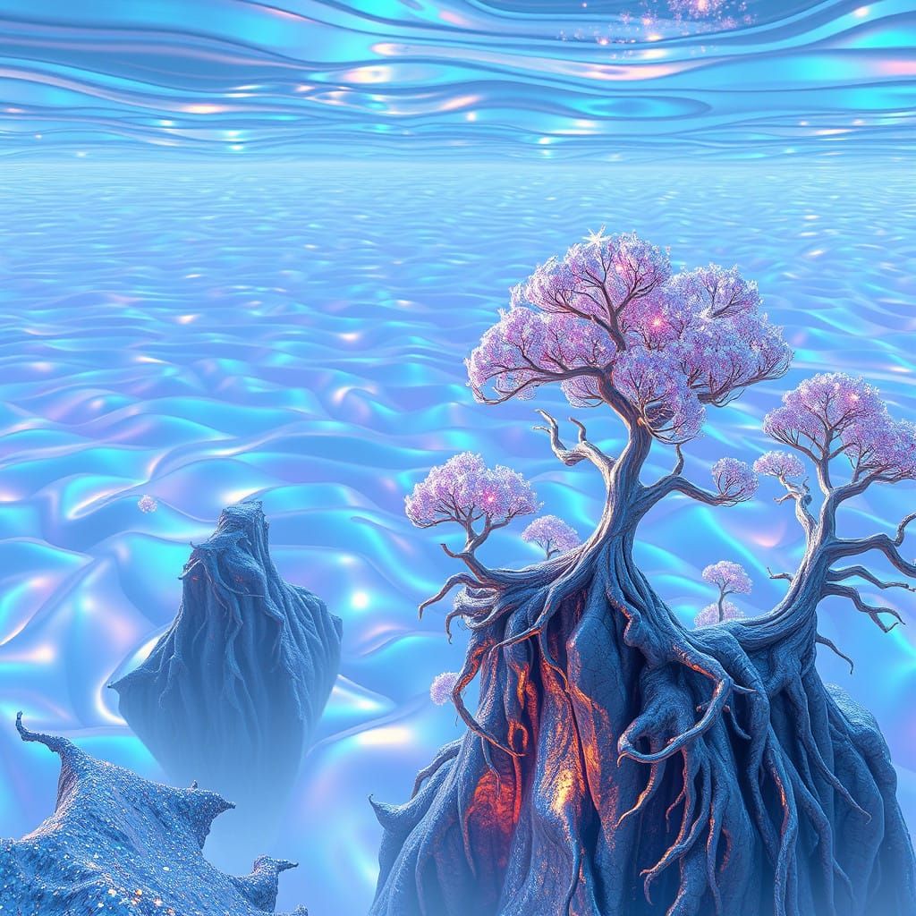 Surreal Alien Realm with Iridescent Ocean and Metallic Islan...