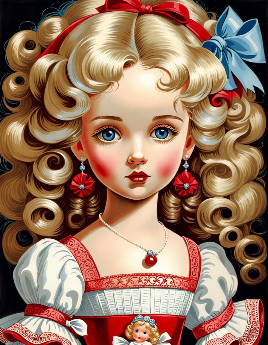 Charming Baby Girl with Doll in Gouache Style