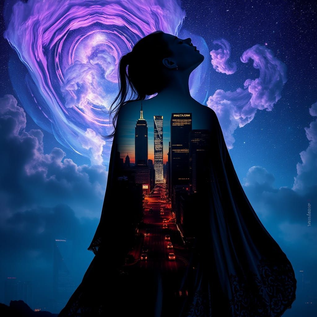 Woman Silhouette with City Double Exposure in Starscape