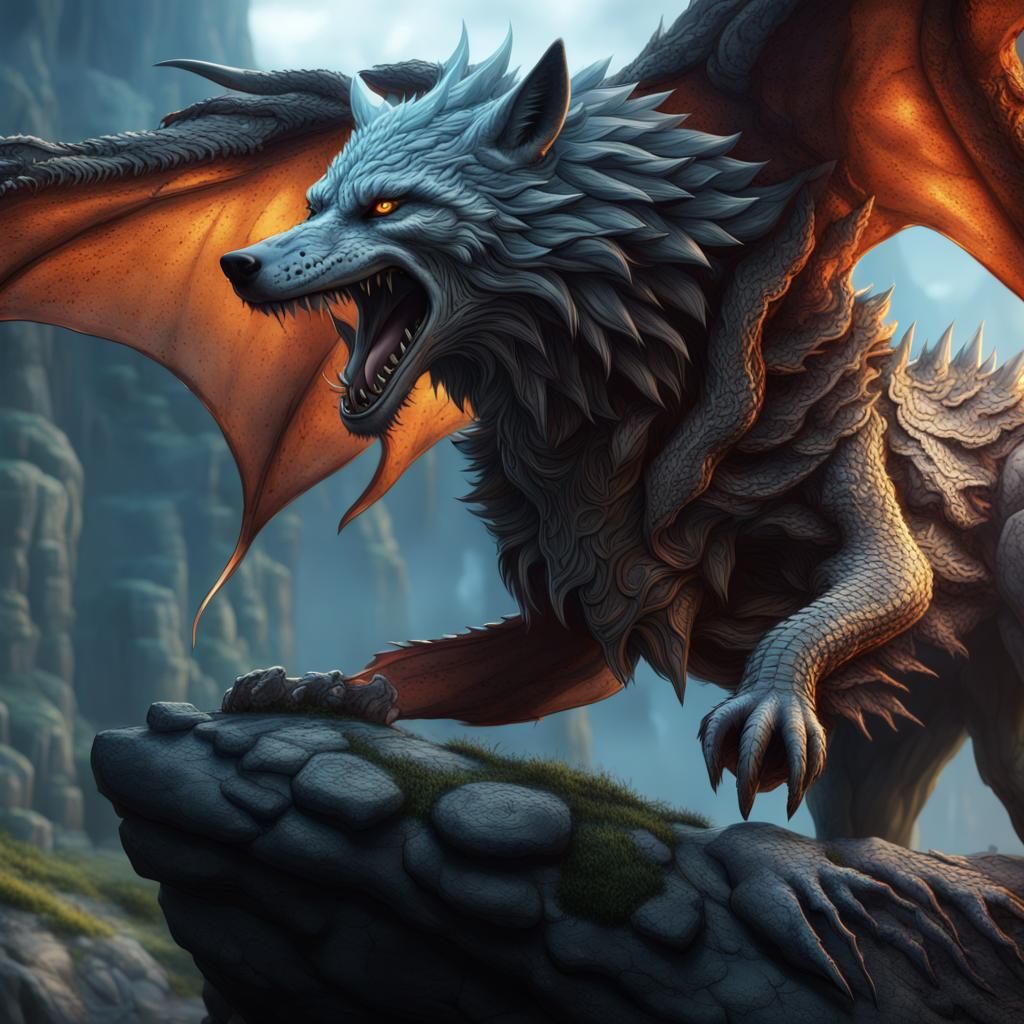 Wolf and Dragon Hybrid: Detailed Fantasy Concept Art