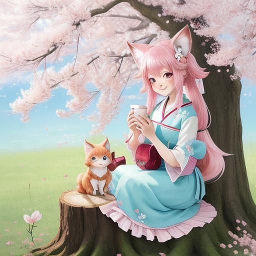 Whimsical Cutepunk Yokai Girlfriend in Pastel Hues