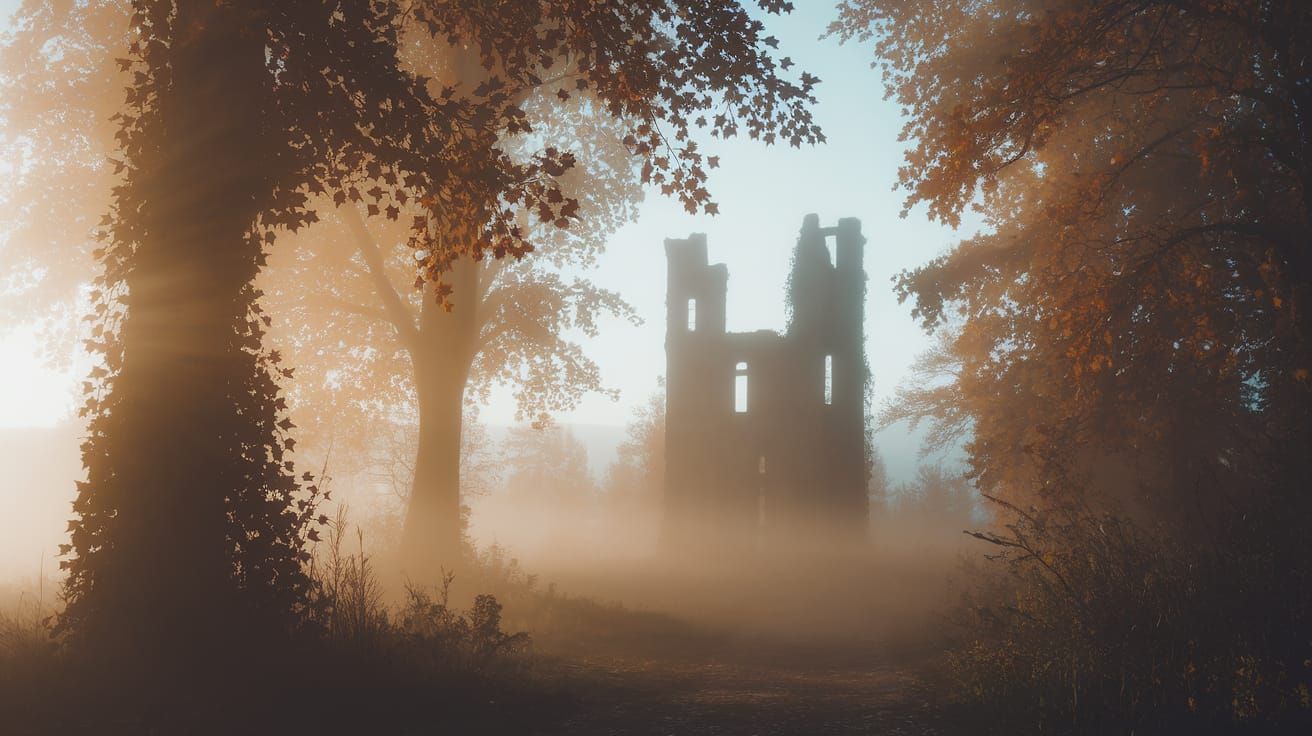 Misty Forest Castle: An Ethereal Autumn Scene
